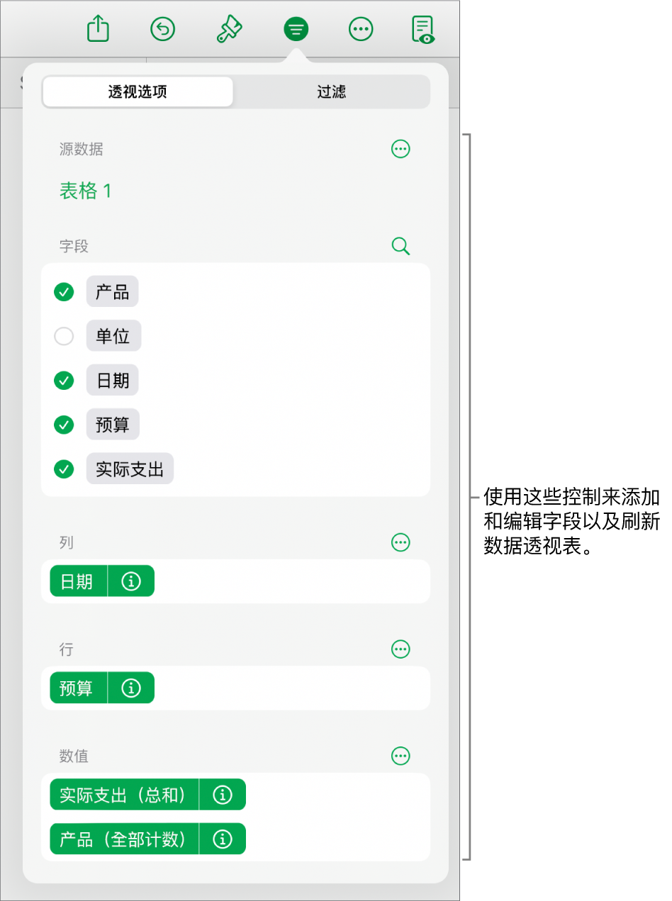 “透视选项”菜单显示“列”、“行”和“值”部分中的字段，以及编辑字段的控制。