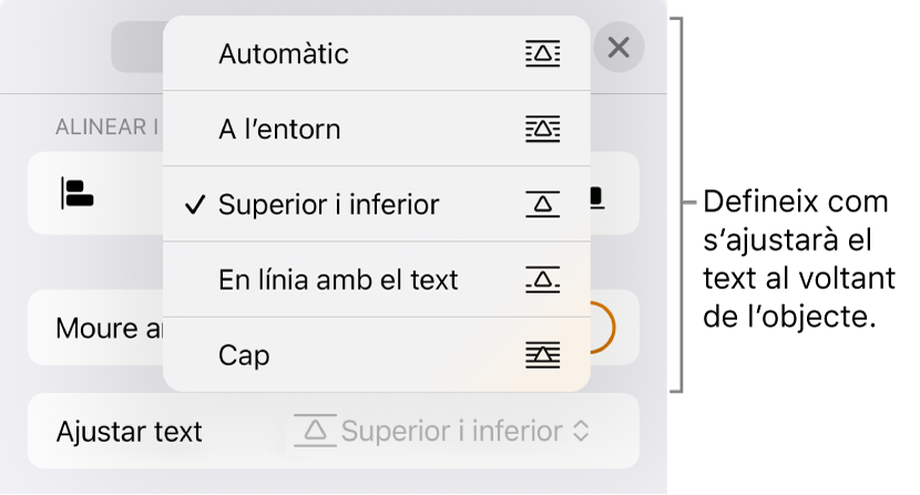 Els controls de l’opció “Ajustar text”, amb les opcions Automàtic, “A l’entorn”, “Superior i inferior”, “En línia amb el text” i Cap.