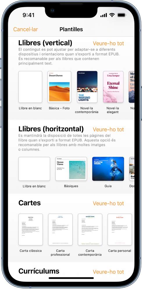 El selector de plantilles amb les plantilles de llibres horitzontals a la part superior i les verticals a la inferior.