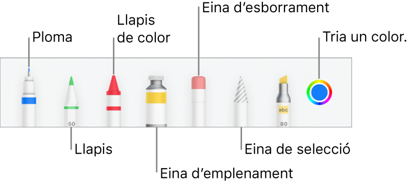 La barra d’eines de dibuix al Pages de l'iPhone, amb una ploma, un llapis, un llapis de colors, l’eina d’emplenament, l’eina d’esborrament, l’eina de selecció i la paleta de colors que mostra el color actual.