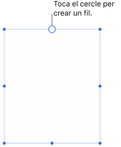 Quadre de text buit amb un cercle blanc a la part superior i marcadors per canviar‑ne la mida als angles, als laterals i a la part inferior.