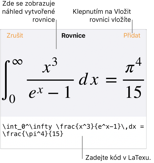 Dialogové okno Rovnice, v němž se zobrazuje zápis rovnice pomocí příkazů LaTeXu a nad ním náhled výsledného vzorce