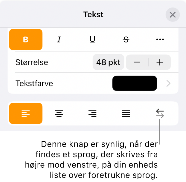 Betjeningsmuligheder til tekst på Formatmenuen med billedforklaring til knappen Højre mod venstre.