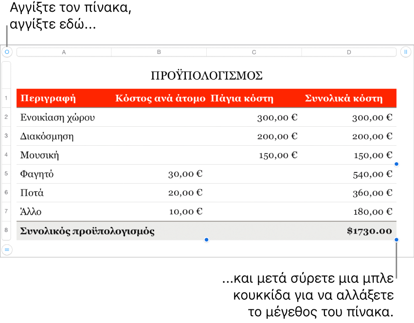 Επιλεγμένος πίνακας με μπλε κουκκίδες για αλλαγή μεγέθους.