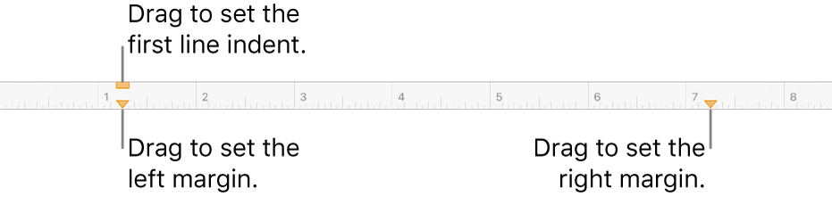 The ruler with a call out to the left margin marker, first line indent marker and right margin marker.