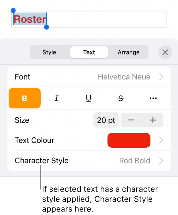 The Text formatting controls with Character Style below the Colour controls. The character style None appears with an asterisk.