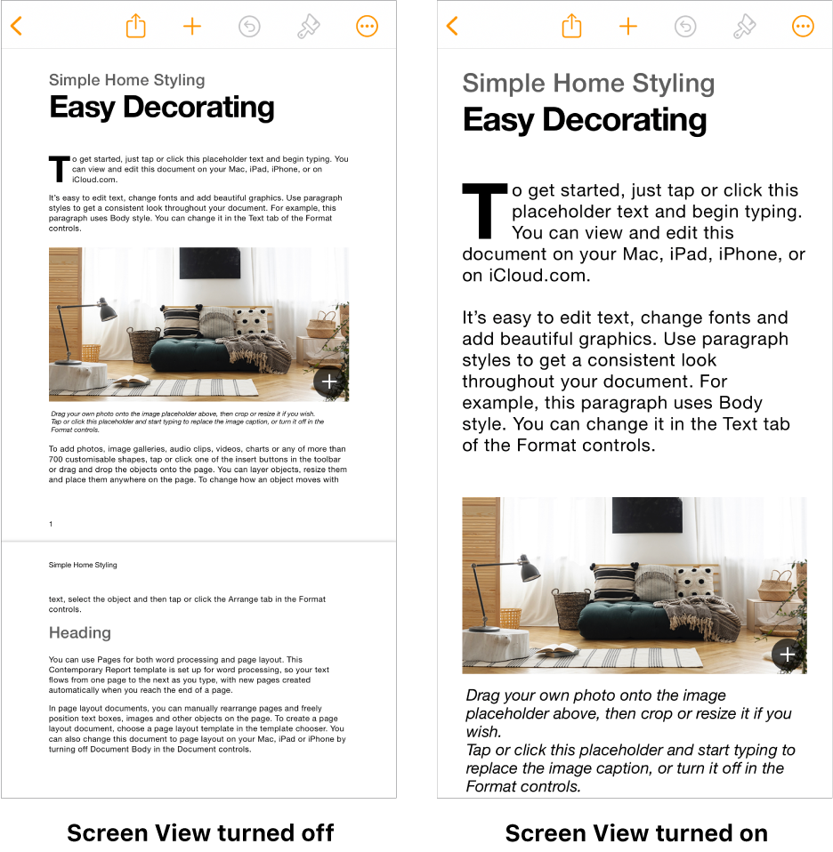 Two views of the same Pages document, one with Screen View turned on and one with Screen View turned off.