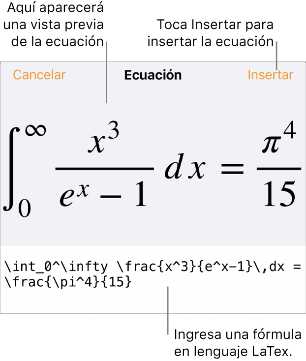 El cuadro de diálogo Ecuación con una ecuación escrita con comandos de LaTeX y una vista previa de la fórmula encima.