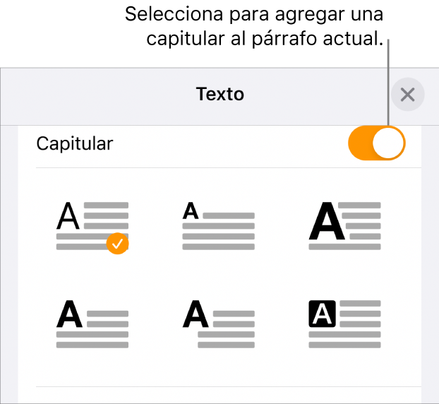 Los controles de letra capitular en el menú Texto.