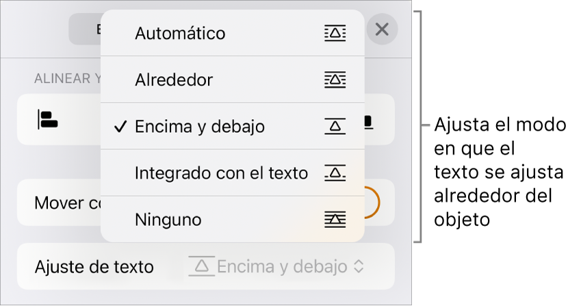 Los controles Ajuste de texto con la configuración para Automático, Alrededor, Encima y debajo, Integrado con el texto y Ninguno.