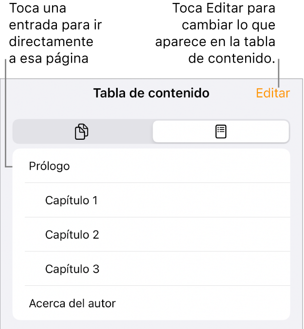 La visualización de la tabla de contenido con los encabezados en una lista. Un botón de Edición se encuentra en la esquina superior derecha, y en la parte inferior se encuentran los botones Miniatura de página y Tabla de contenido.