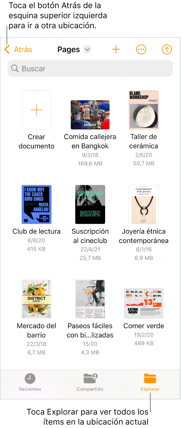 La vista de exploración del gestor de documentos con un enlace de ubicación en la esquina superior izquierda y, debajo, un campo de búsqueda. En la esquina superior derecha se encuentran los botones “Añadir documento” y Más. En la parte inferior de la pantalla se encuentran los botones Recientes y Explorar.