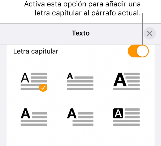 Los controles de “Letra capitular” situados en el menú Texto.