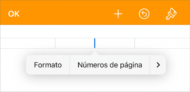 La ventana Configuración con el punto de inserción en un campo de cabecera y un menú desplegable con dos ítems de menú: “Números de página” e Insertar.