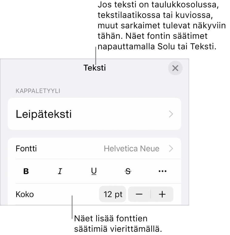 Muoto-valikon tekstisäätimet kappale- ja merkkityylien, fontin, koon ja värin valitsemista varten.