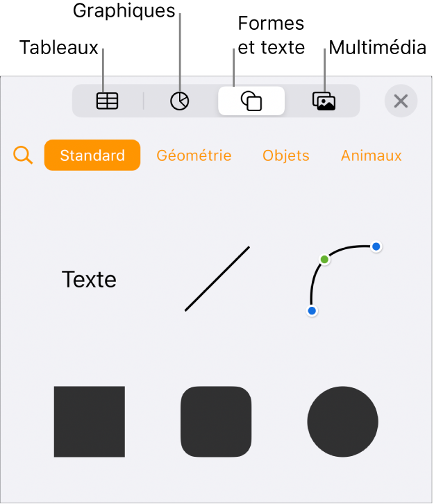 Commandes Insérer ouvertes avec boutons d’ajout de tableaux, graphiques, zones de texte, formes et contenu multimédia.