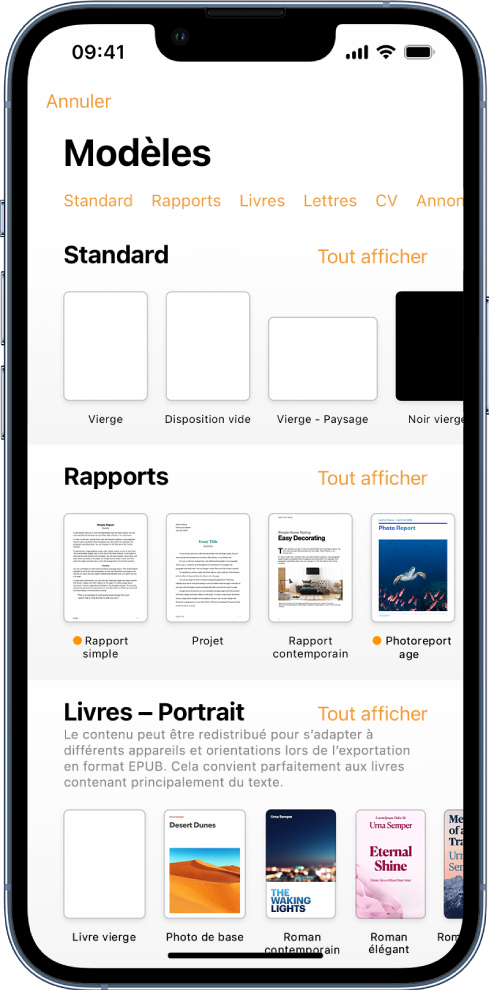 Le sélecteur de modèles affiche en haut une rangée de catégories que vous pouvez toucher pour filtrer les options. En dessous, des vignettes de modèles prédéfinis sont disposées en rangées par catégorie, en commençant en haut par Nouveau, suivi de Récents et de Standard. Un bouton « Voir tout » apparaît au-dessus et à droite de la ligne de chacune des catégories.