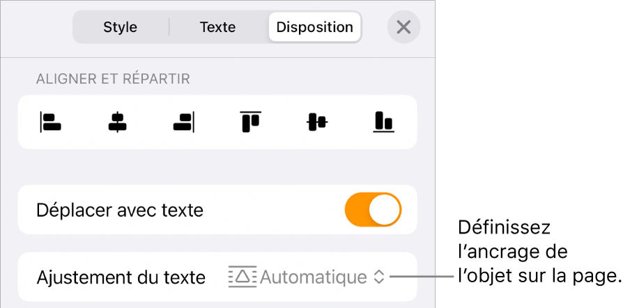 Les commandes Disposition avec les options « Déplacer avec texte » et « Ajuster le texte ».