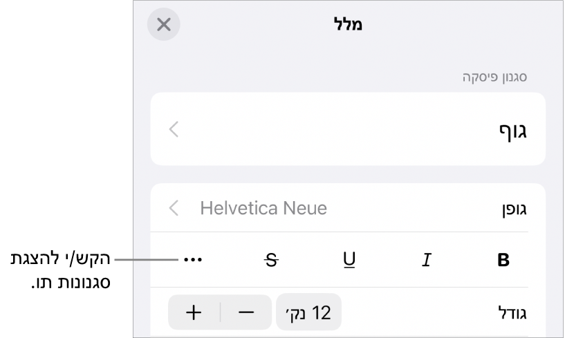 כפתורים של אפשרויות ״מלל״ כמו ״הדגשה״, ״קו תחתון״, ״קו חוצה״ ועוד.