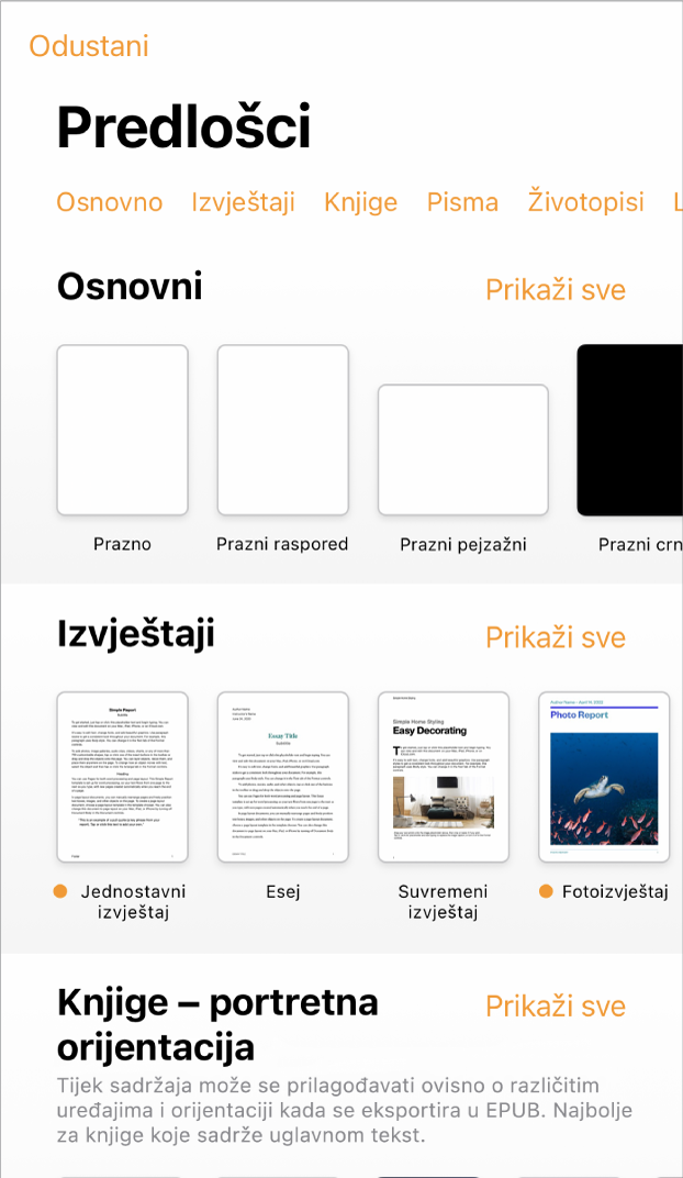 Izbornik predložaka s prikazom retka kategorija preko vrha na koje možete dodirnuti za filtriranje opcija. Ispod su minijature postojećih predložaka organizirane u recima prema kategoriji počevši s kategorijom Novo pri vrhu, a zatim slijede kategorije Nedavne stavke i Osnovno. Tipka Prikaži sve pojavljuje se poviše s desne strane svakog retka kategorije.