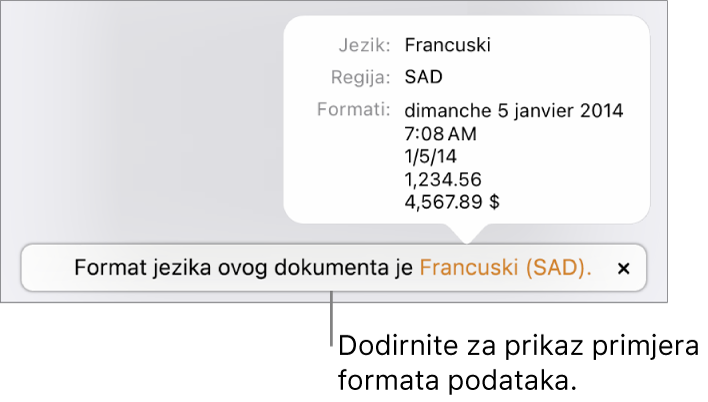 Obavijest o postavci drugog jezika i regije, pokazuje primjere formatiranja na tom jeziku i u toj regiji.