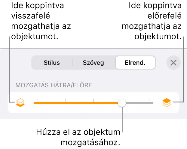 Visszafelé mozgatás gomb, Mozgatás előre gomb és a rétegezés csúszka.