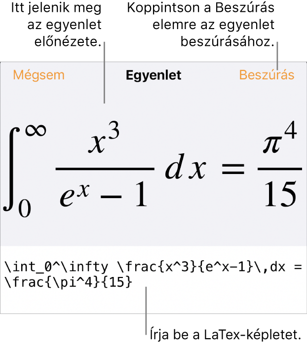 Az Egyenlet párbeszédpanel, amelyen egy, a LaTex-parancsok használatával írt egyenlet, felül pedig az egyenlet előnézete látható.