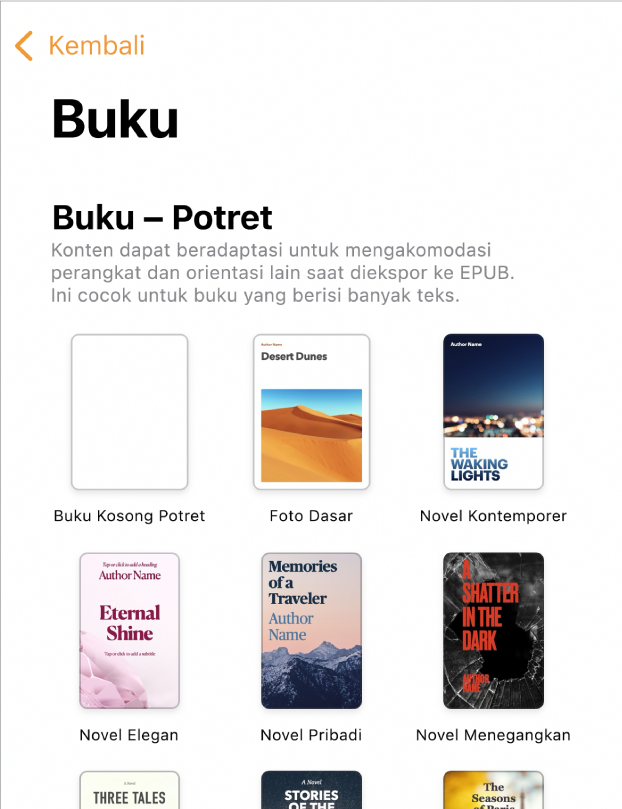 Pemilih template dengan template buku dalam orientasi potret di bagian atas dan orientasi lanskap di bagian bawah.