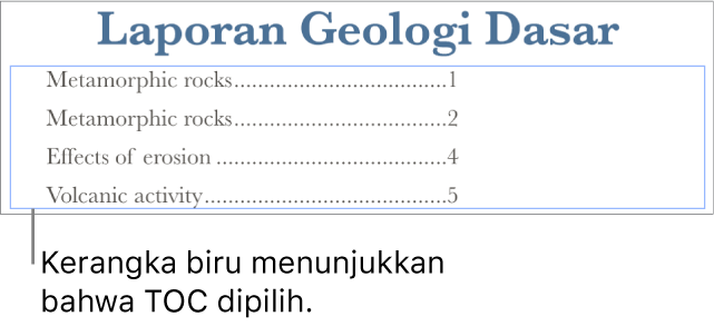 Daftar isi disisipkan ke dalam dokumen. Entri menampilkan heading bersamaan dengan nomor halamannya.