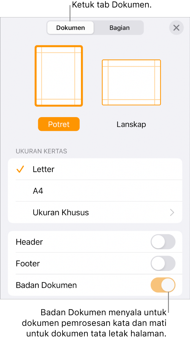 Kontrol format Dokumen dengan Badan Dokumen dinyalakan di dekat bagian bawah layar.