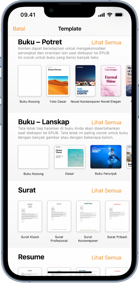 Pemilih template dengan template buku dalam orientasi potret di bagian atas dan orientasi lanskap di bagian bawah.