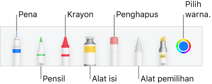 Bar alat gambar di Pages di iPhone dengan alat pena, pensil, krayon, isi, penghapus, alat pemilihan, dan bidang warna yang menampilkan warna saat ini.