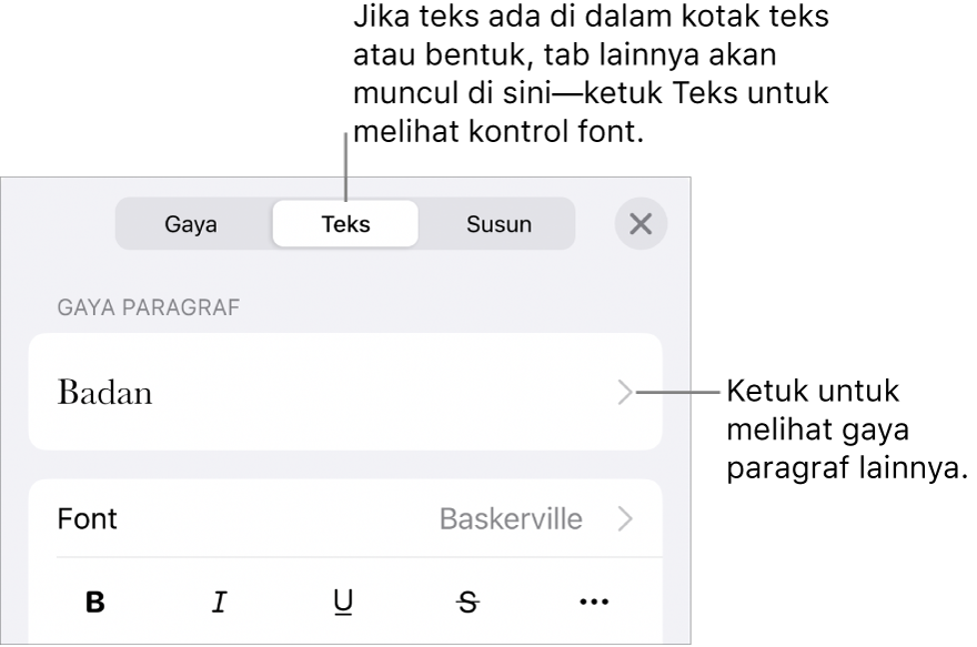 Menu Format menampilkan kontrol teks untuk mengatur paragraf dan gaya karakter, font, ukuran, dan warna.