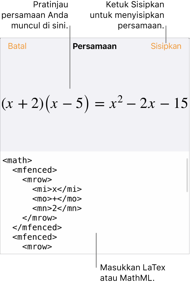 Dialog Persamaan, menampilkan sebuah persamaan ditulis menggunakan perintah MathML, dan pratinjau formula di atas.