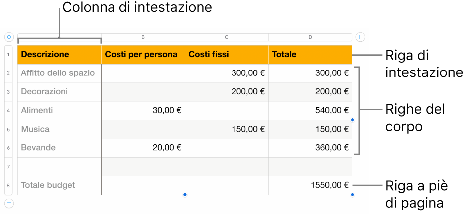 Tabella con righe e colonne di intestazione, corpo e piè di pagina.