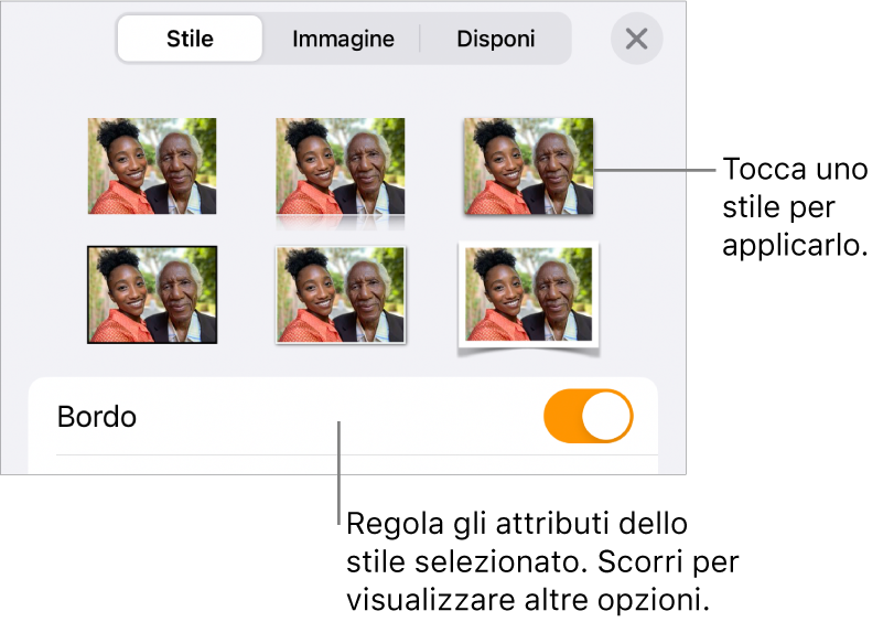 Stile del menu Formato con gli stili dell’oggetto in alto e un controllo sottostante per cambiare il bordo.