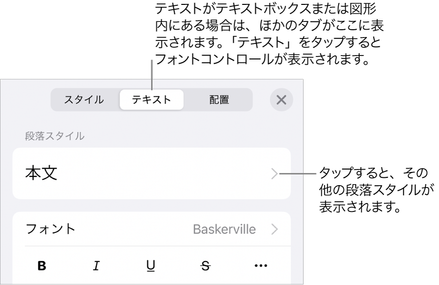 「フォーマット」メニュー。段落と文字のスタイル、フォント、サイズ、色を設定するためのテキストコントロールが表示されています。