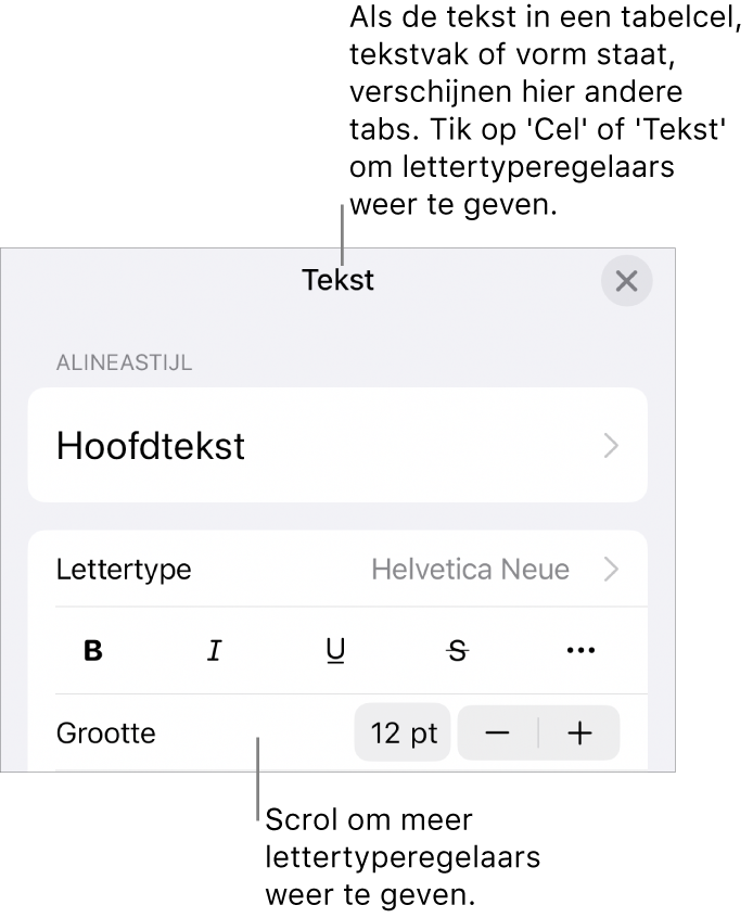 Tekstregelaars in het opmaakmenu voor het instellen van alinea- en tekenstijl, lettertype, lettergrootte en kleur.