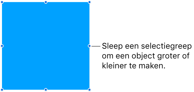 Een object met blauwe stippen op de rand om de grootte van het object aan te passen.