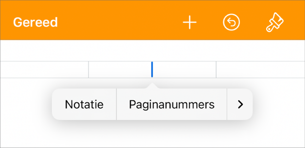 Het venster 'Documentontwerp' met het invoegpunt in een koptekstveld en een pop‑upmenu met twee menuopties: 'Paginanummers' en 'Voeg in'.