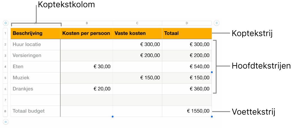 Een tabel met koptekst-, hoofdtekst- en voettekstrijen en -kolommen.