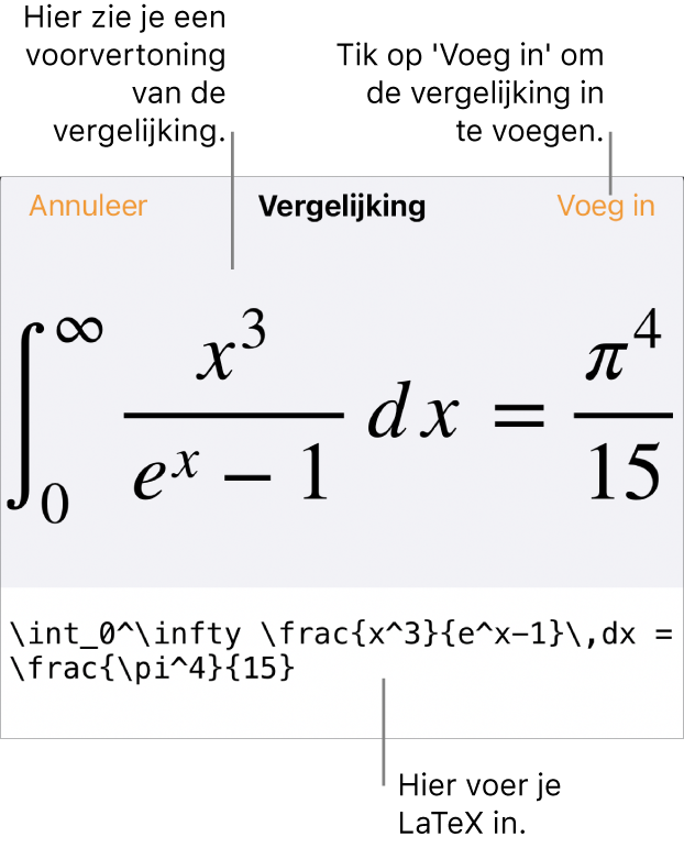 Het venster 'Vergelijking' met daarin een vergelijking die geschreven is met LaTeX-commando's en erboven een voorvertoning van de formule.