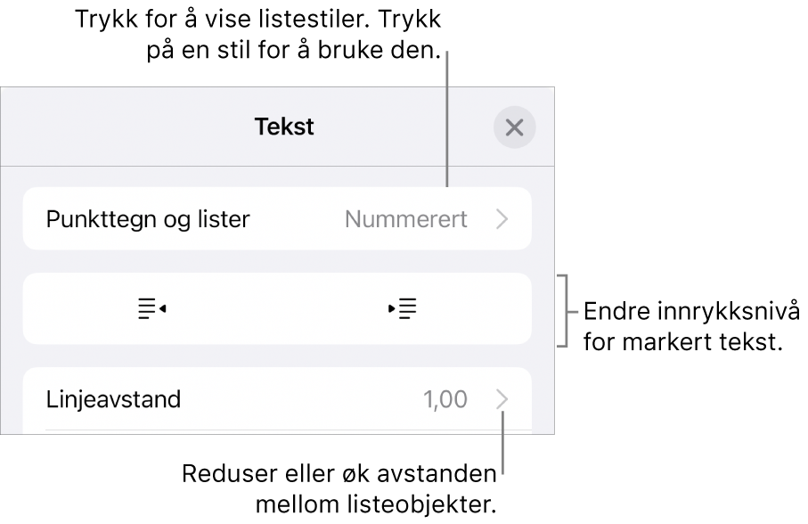 Punkttegn og lister-delen i Format-kontroller med bildeforklaringer for Punkttegn og lister, utrykk- og innrykk-knapper og linjeavstandskontroller.