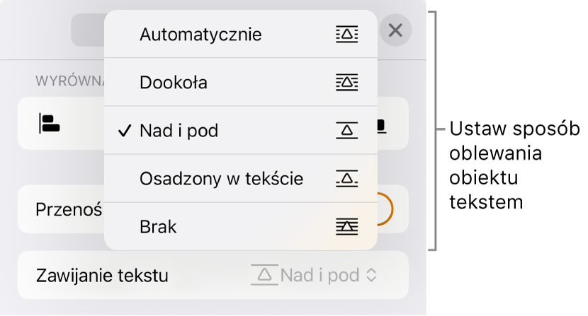 Narzędzia oblewania tekstem z ustawieniami: Automatyczne, Dookoła, Nad i pod, Osadzony w tekście oraz Brak.