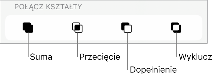 Przyciski Suma, Przecięcie, Dopełnienie, Wyklucz, znajdujące się poniżej etykiety Połącz kształty.