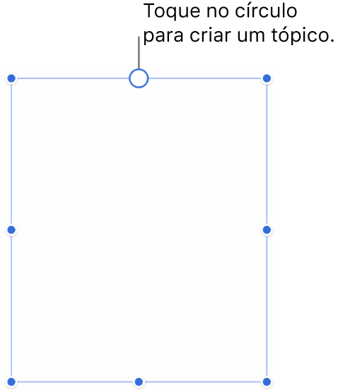 Uma caixa de texto vazia com um círculo branco na parte superior e puxadores de redimensionamento nos cantos e na parte inferior.