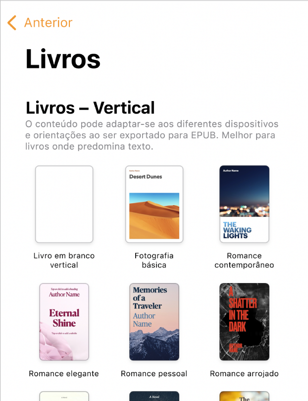 A lista de modelos com os modelos de livro na orientação vertical na parte superior e a orientação horizontal por baixo.