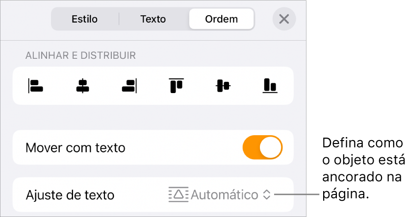 Os controlos "Ordem” com “Mover com texto” e “Ajuste de texto”.