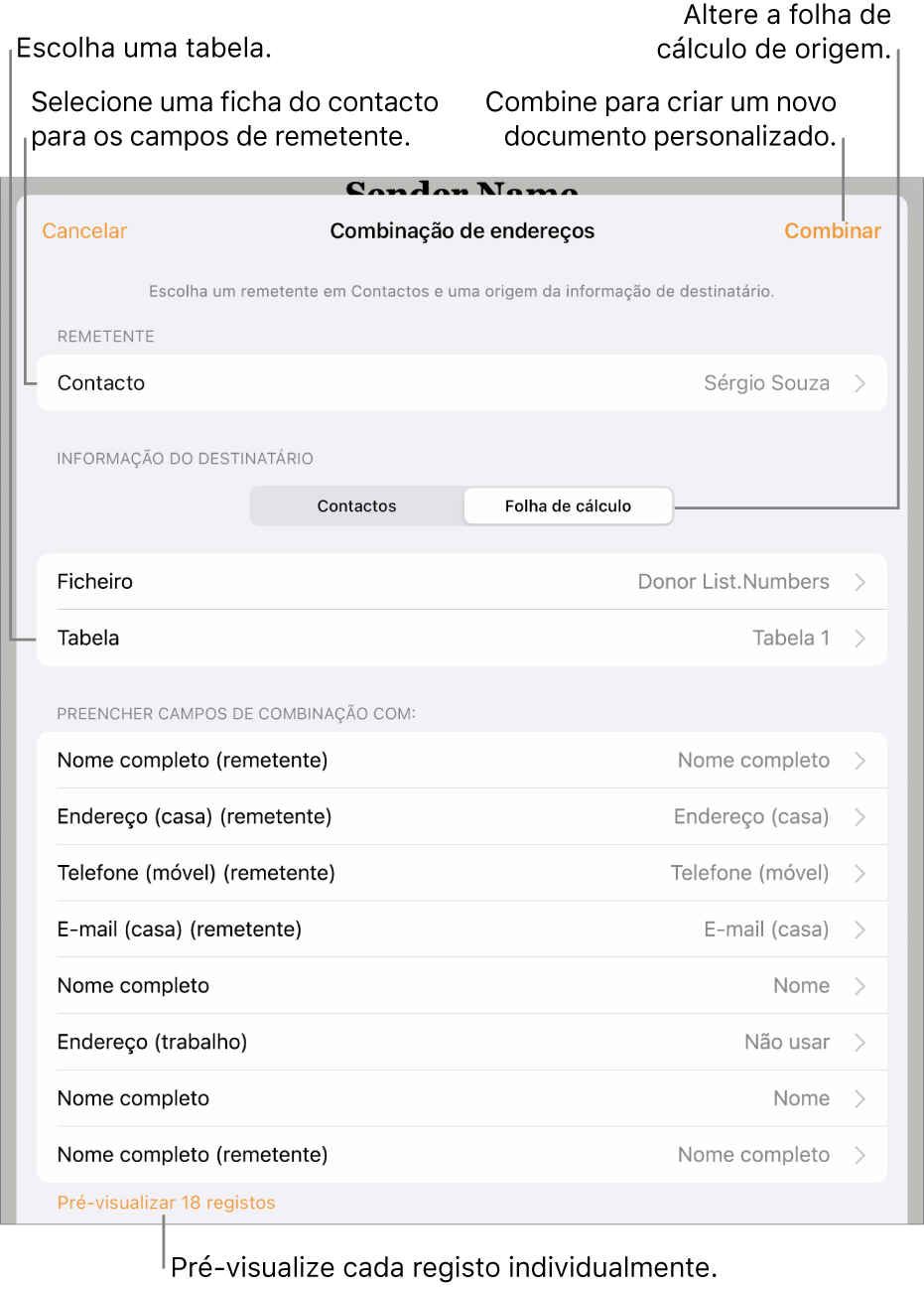 O painel “Intercalação de endereços” está aberto, com opções para selecionar a informação do remetente, alterar o ficheiro ou a tabela de origem, pré-visualizar os nomes dos campos de intercalação ou intercalar o documento.