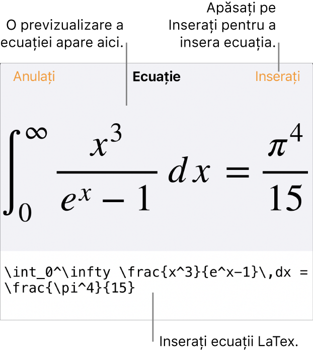 Caseta de dialog Ecuație, afișând o ecuație scrisă cu ajutorul comenzilor LaTex și, deasupra, o previzualizare a formulei.